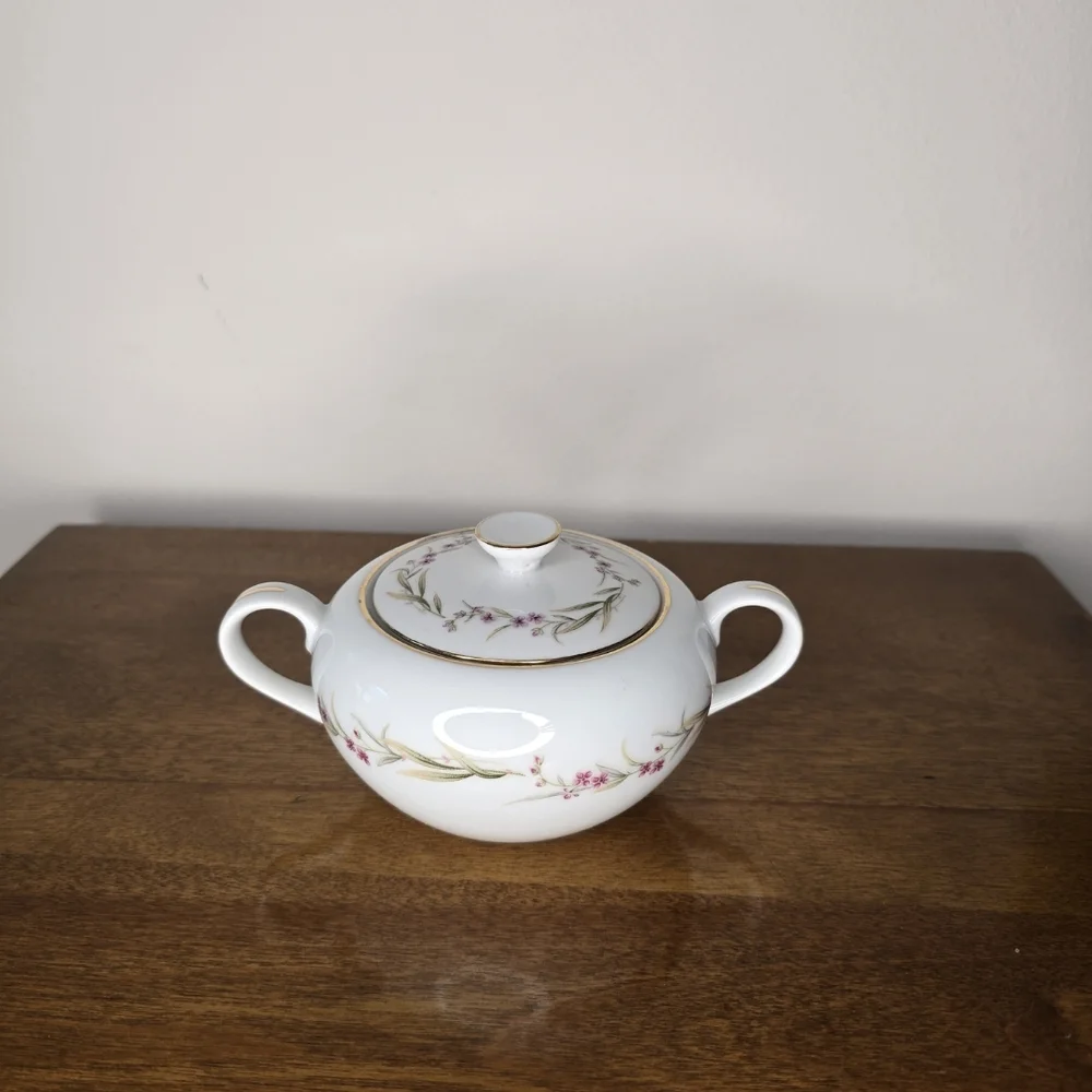 Elegant Floral White Sugar Bowl with Gold Accents